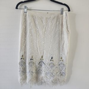 Elie Tahari Lace Embroidery Cream Skirt Fringe